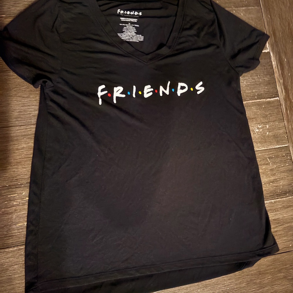 FRIENDS Black V-Neck Tee with Color Dot Accents